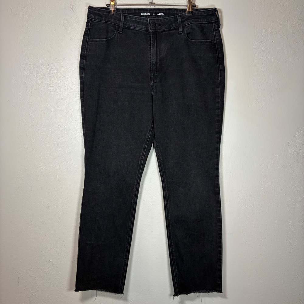Old‎ Navy Womens High Rise Straight Leg Jeans Washed Black Raw Hem Size 14
